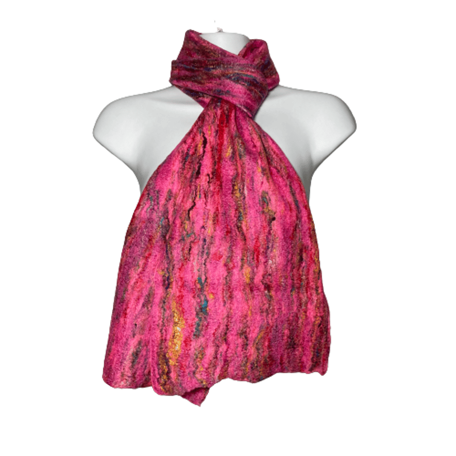 Felted merino wool scarf in bright pink with sari silk fibres