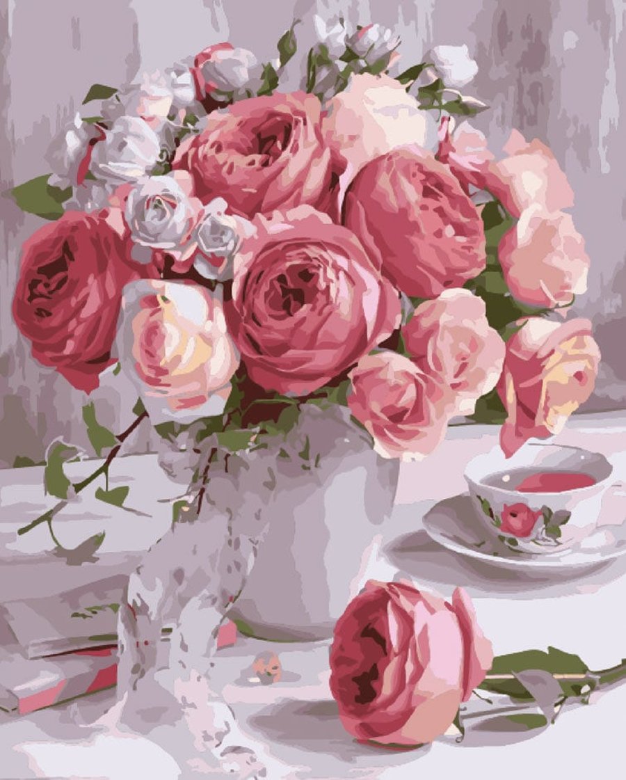 Syntego DIY Paint by Numbers for Adults, Pink Roses with Teacup Canvas Oil Acryl
