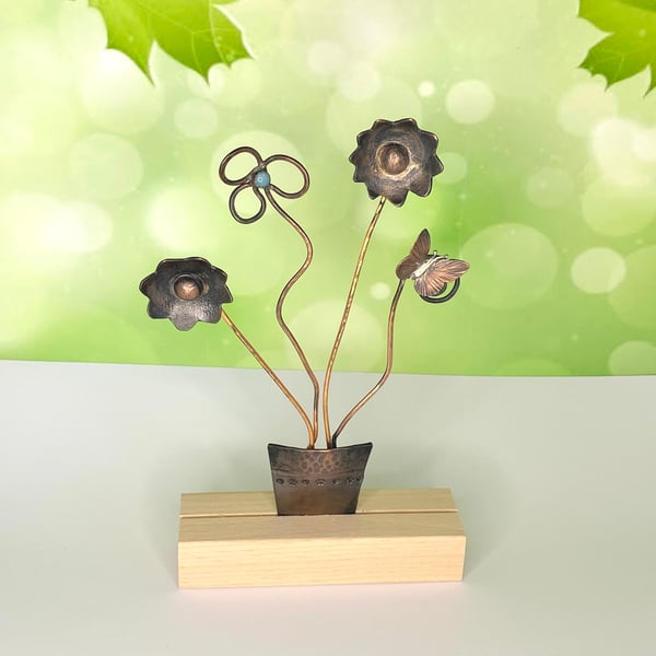 Ornament, Copper Flowers with Butterfly and Amazonite on Wooden Stand