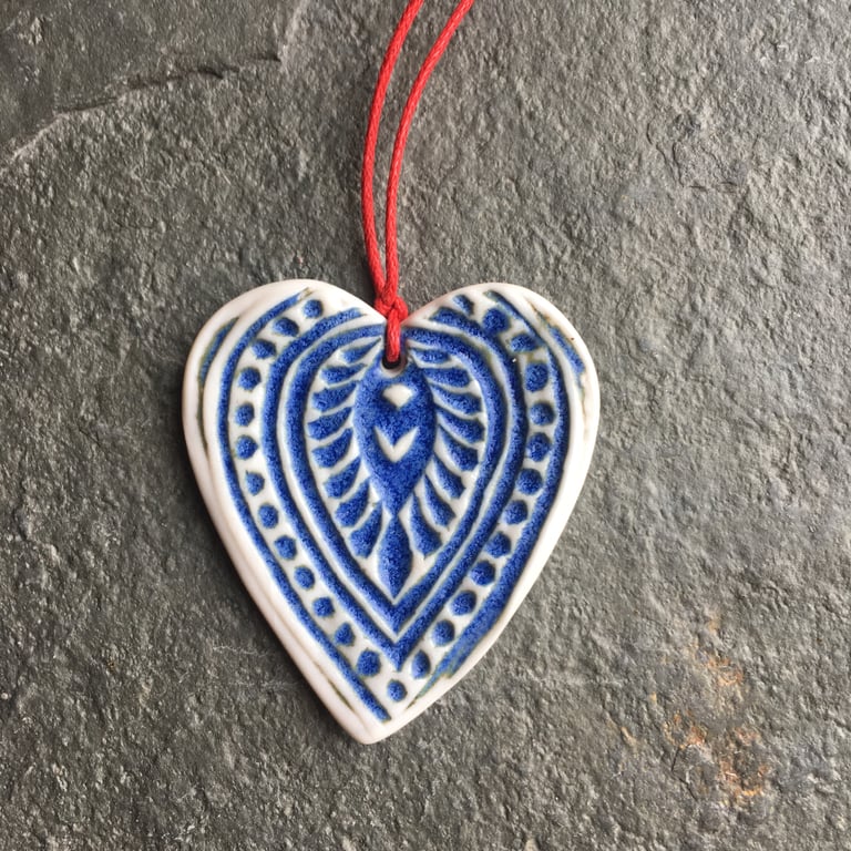 Folk Heart Scandi Porcelain pale indigo hygge hanging decoration love favour 