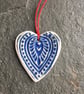 Folk Heart Scandi Porcelain pale indigo hygge hanging decoration love favour  - Image 1