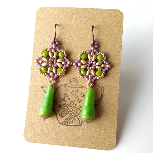 Apple Green and Lavender Drop Earrings