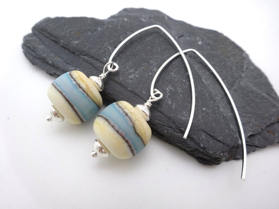 lampwork glass earrings, ivory and blue