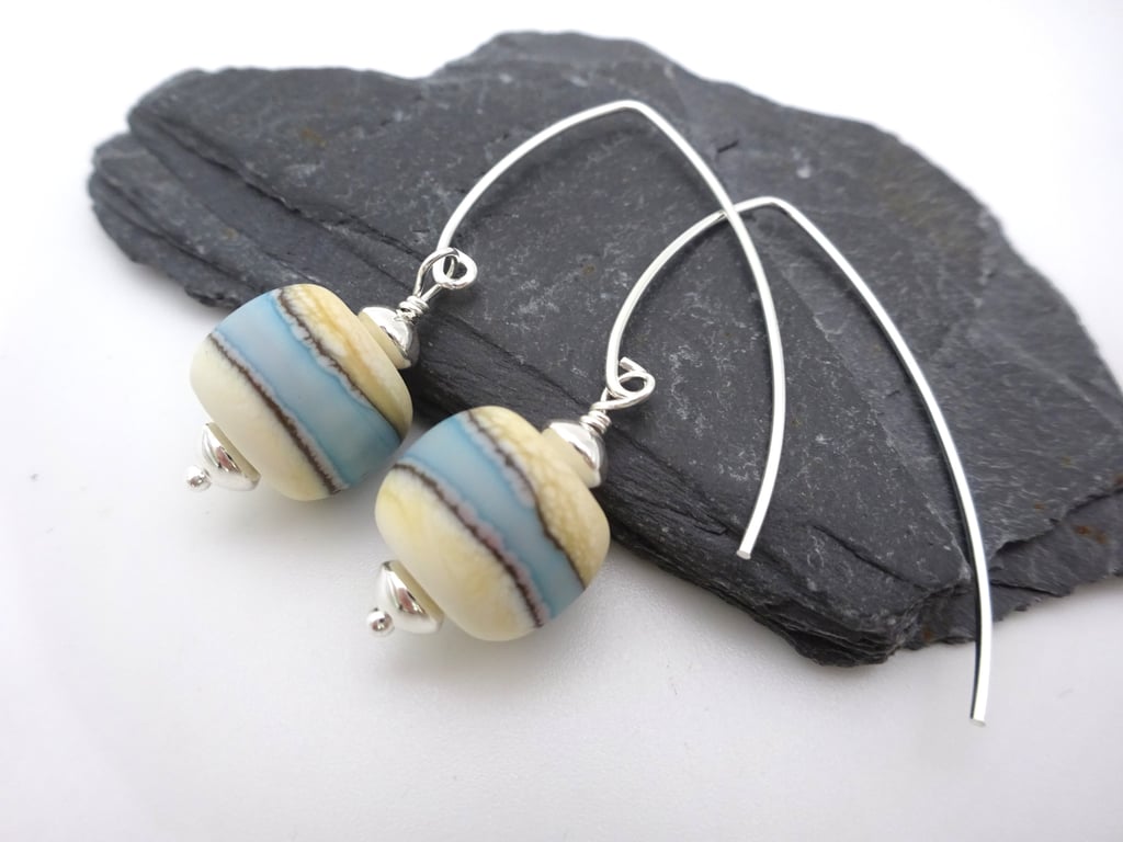 lampwork glass earrings, ivory and blue