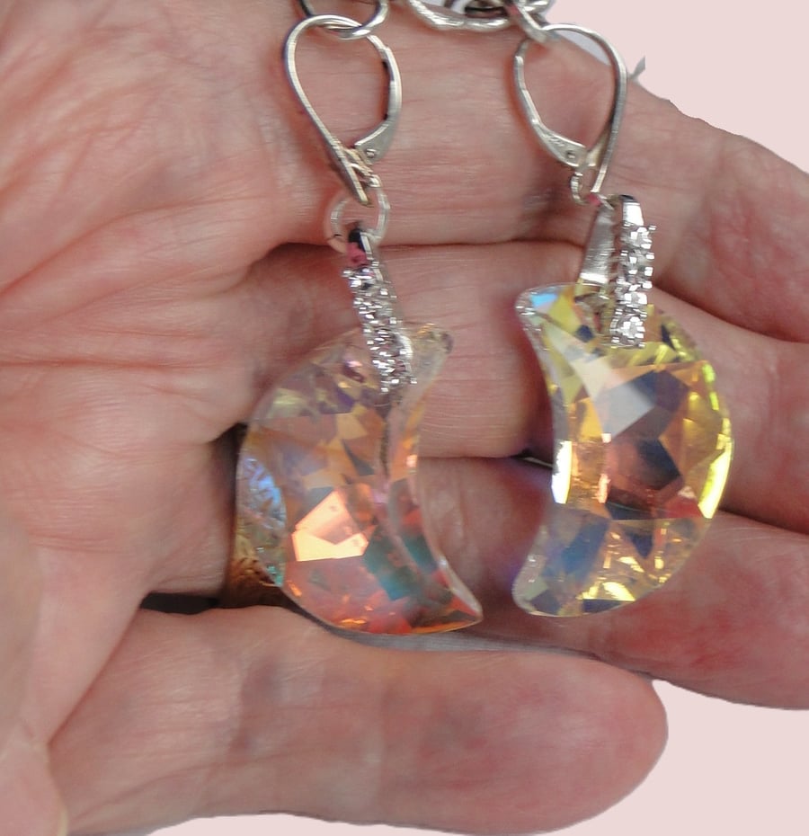 Spectacular crescent moon crystal earrings on a 3 crystal bail  Evening Rare 