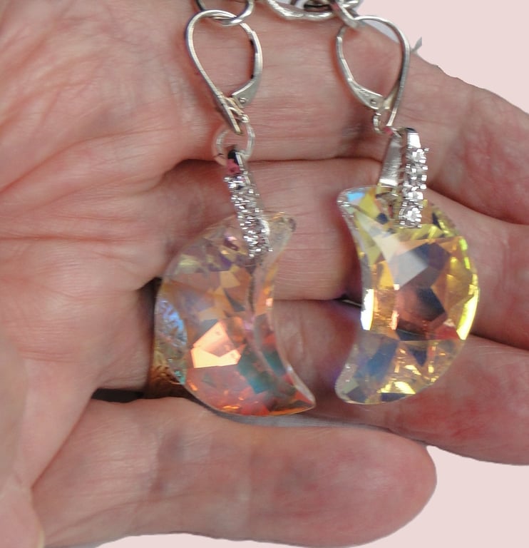 Spectacular crescent moon crystal earrings on a 3 crystal bail  Evening Rare 