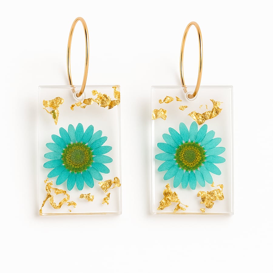 Blue Daisy Resin Rectangle Earrings with Gold Leaf Hoops