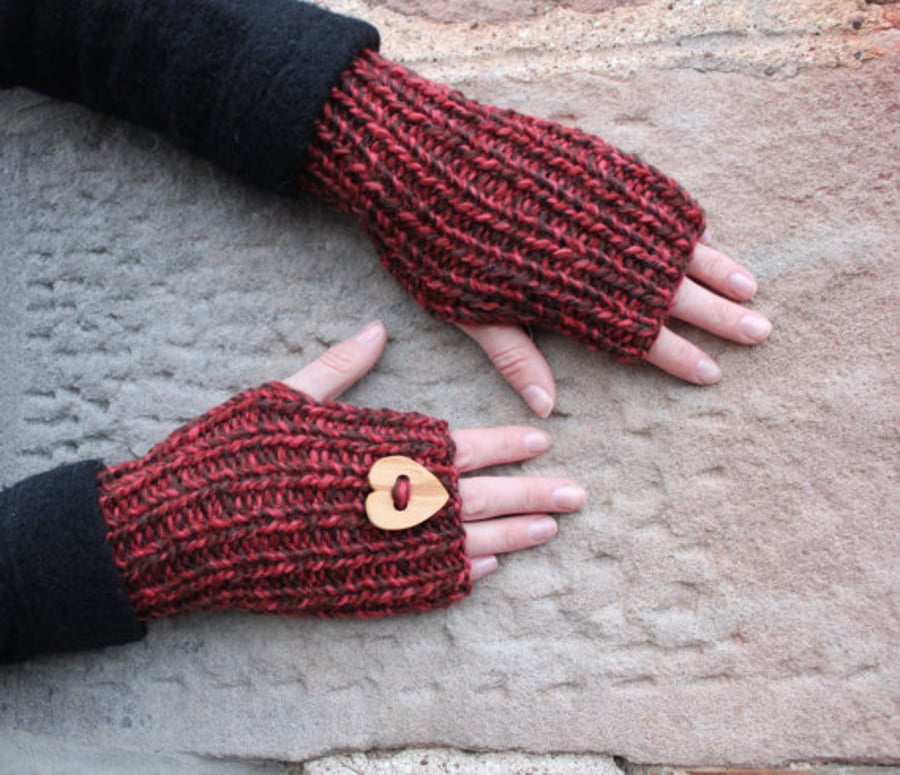 Knitted mittens, fingerless gloves red, womens valentine gift, knitwear UK