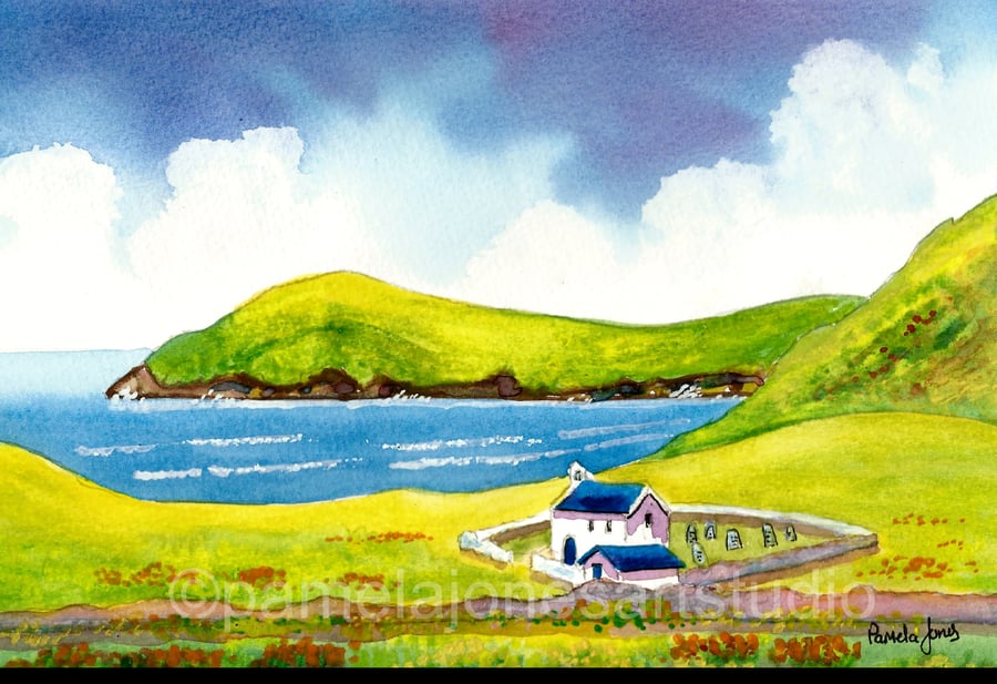 Mwnt Church And Beach, Cardigan Bay, Original Watercolour, in 14 x 11 '' Mount