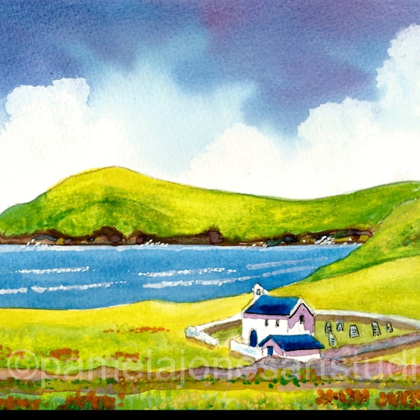 Mwnt Church And Beach, Cardigan Bay, Original Watercolour, in 14 x 11 '' Mount