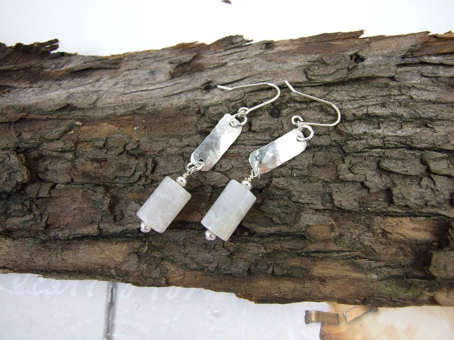 Sterling Silver Long Drop White Agate Earrings