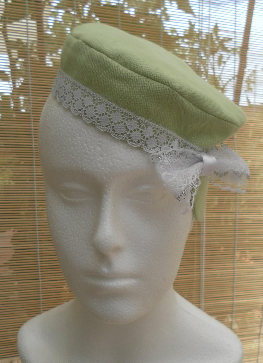  Girls Pillbox Hat, Light Green, with Lace Bow and Lace Edging