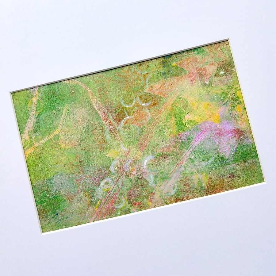 Original abstract mono print created from dandelions and String, green and pink