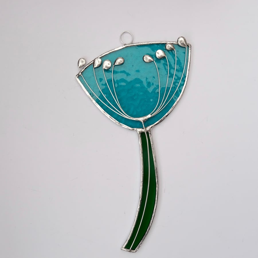 Stained Glass Cow Parsley Suncatcher - Handmade Hanging Decoration - Teal