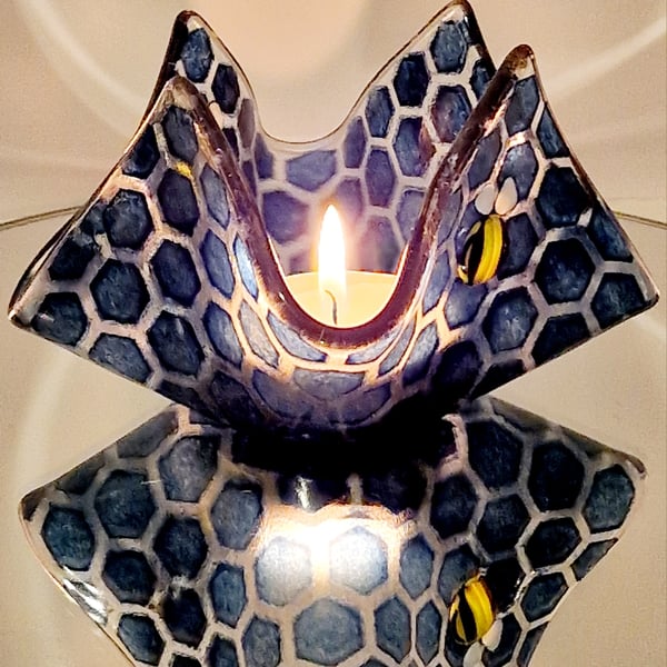 Bee tealight holder - blue honeycomb