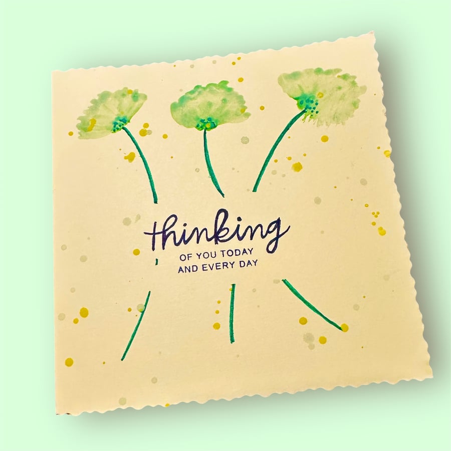 Hand painted watercolour thinking of you,  yellow card with green flowers