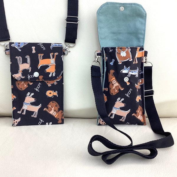 Cross body mobile phone bag, adjustable strap phone bag, dog lovers bag.
