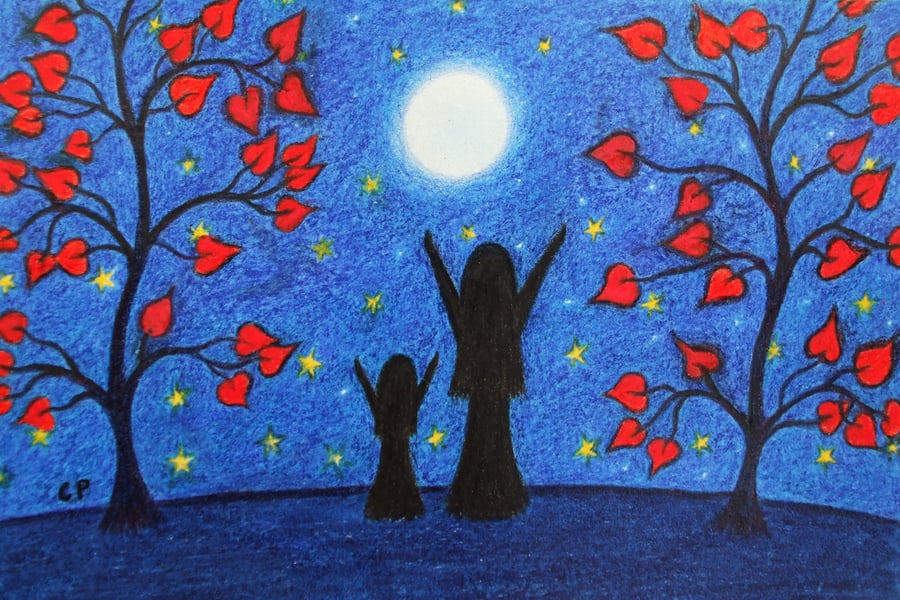 Mother Daughter Card, Moon Stars, Spiritual Art Card, Mum Child Hearts Tree