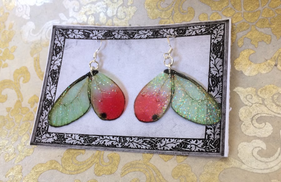 Soft Green and Red Opaque Sparkle Butterfly Wings Sterling Silver Earrings