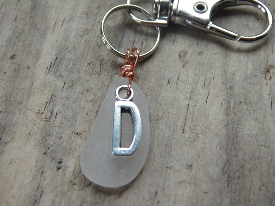 Initial 'D' White Cornish Sea Glass Bag Charm Keyring K511