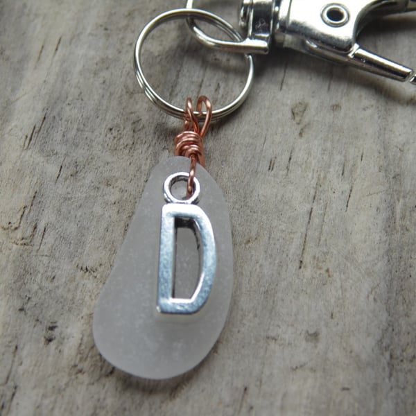 Initial 'D' White Cornish Sea Glass Bag Charm Keyring K511