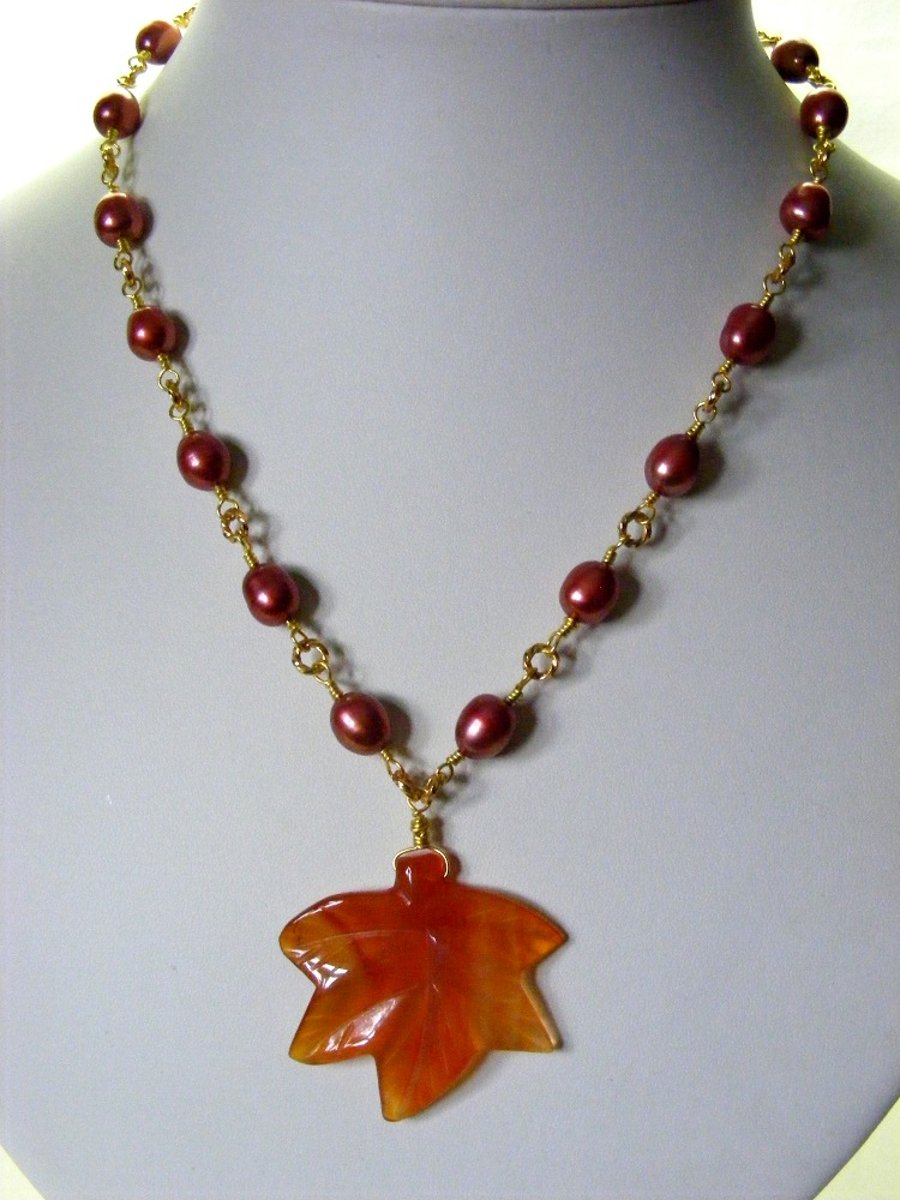 Freshwater Pearl and Carved Leaf Gemstone Necklace