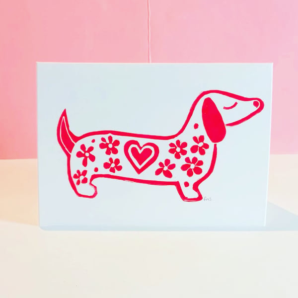 I love a Dachshund - handmade dog card - linocut