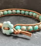 SALE Turquoise jasper and bronze leather bracelet with ceramic flower button  - Image 4