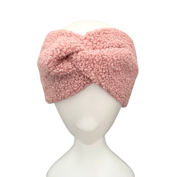 Dusky pink chunky warm wide headband, teddy sherpa fleece winter earmuffs women