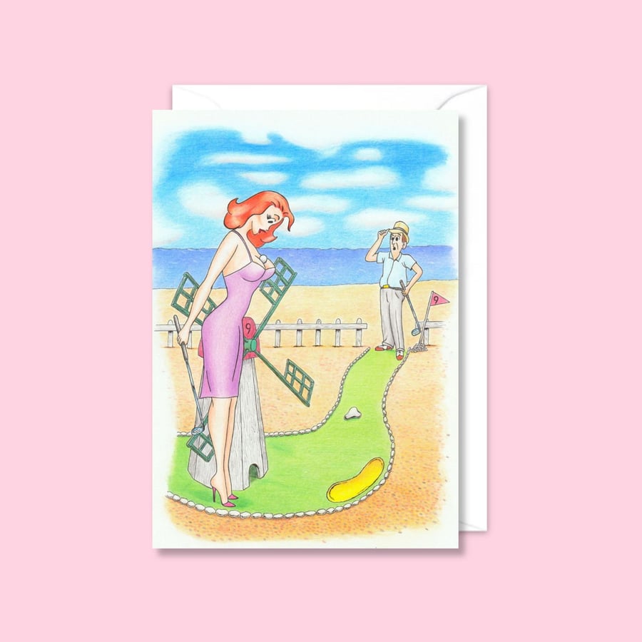 Crazy Golf Greeting Card: Seaside Postcard Style Pencil Illustration (805)
