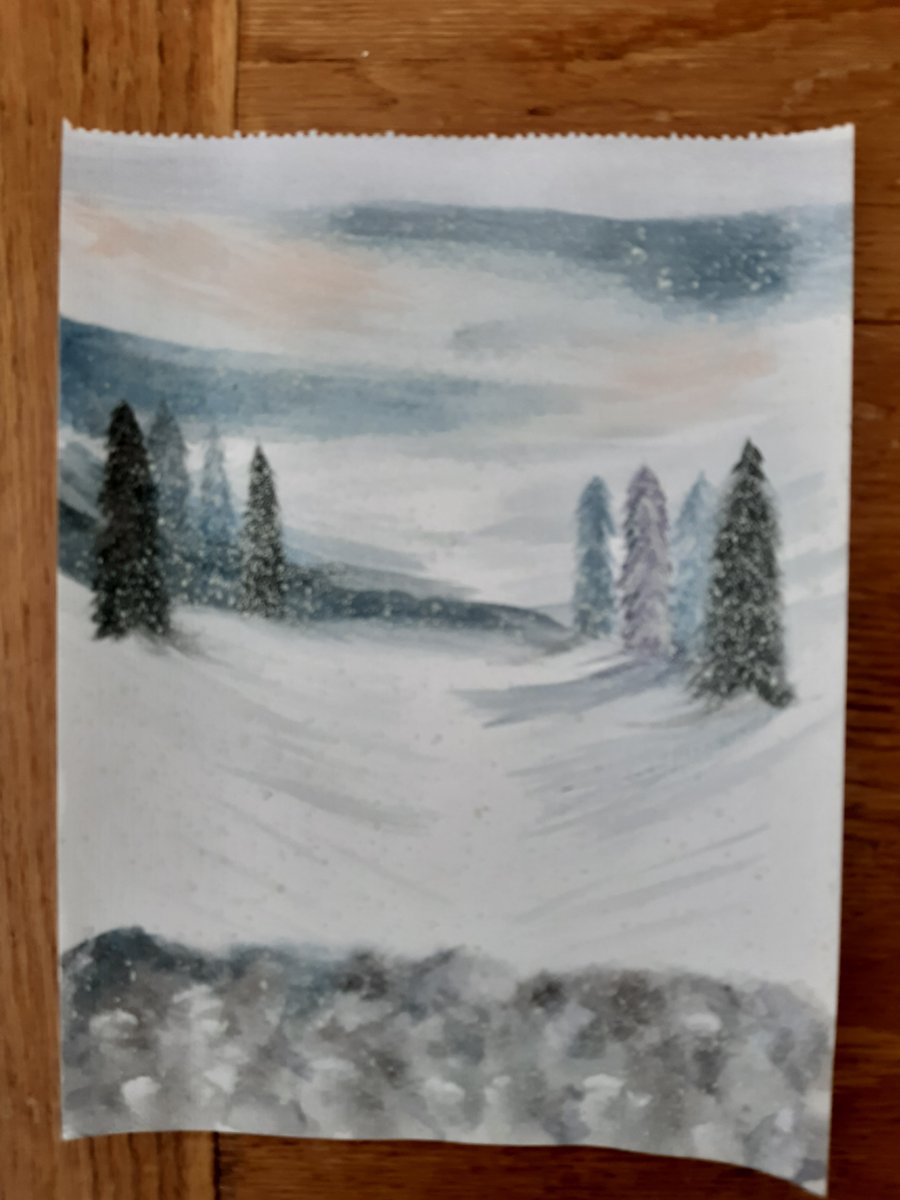  Snow winter forest with abstract stone wall Snow fall watercolour painting 