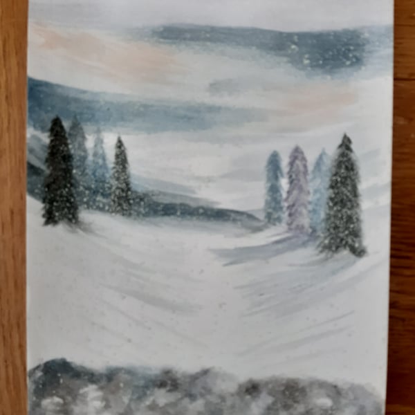  Snow winter forest with abstract stone wall Snow fall watercolour painting 