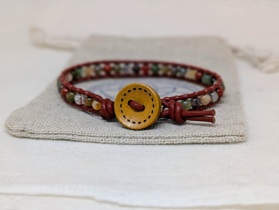 Earthy mixed gemstone and leather bracelet with mustard button 