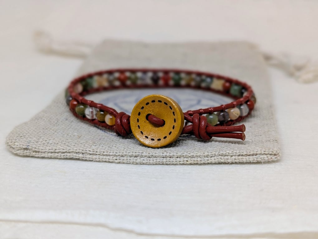 Earthy mixed gemstone and leather bracelet with mustard button 