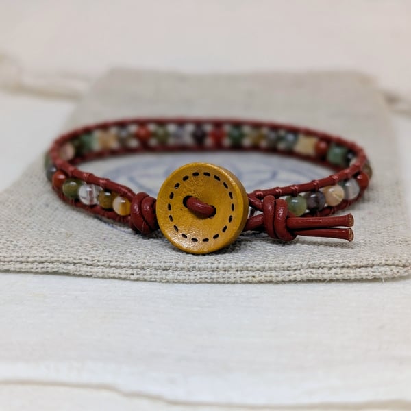 Earthy mixed gemstone and leather bracelet with mustard button 