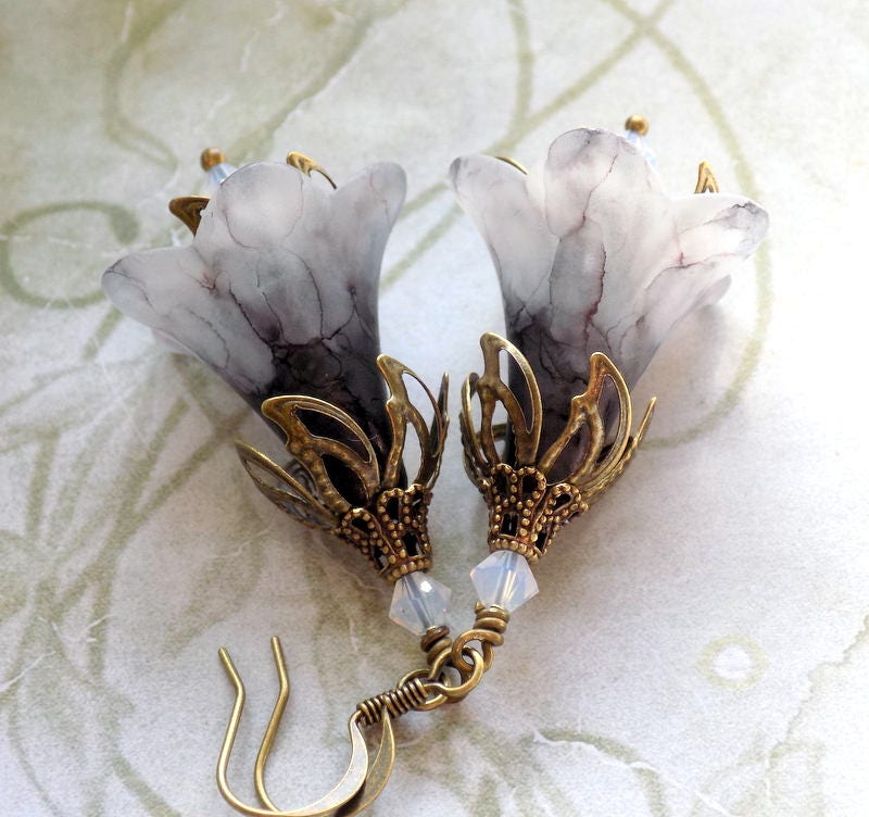 Grey White "A Winters Tale" Hand Painted Lucite Flower Earrings