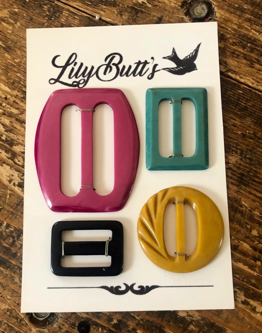 4 Vintage Buckles - Pink, Green, Navy & Mustard