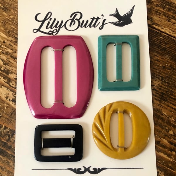 4 Vintage Buckles - Pink, Green, Navy & Mustard