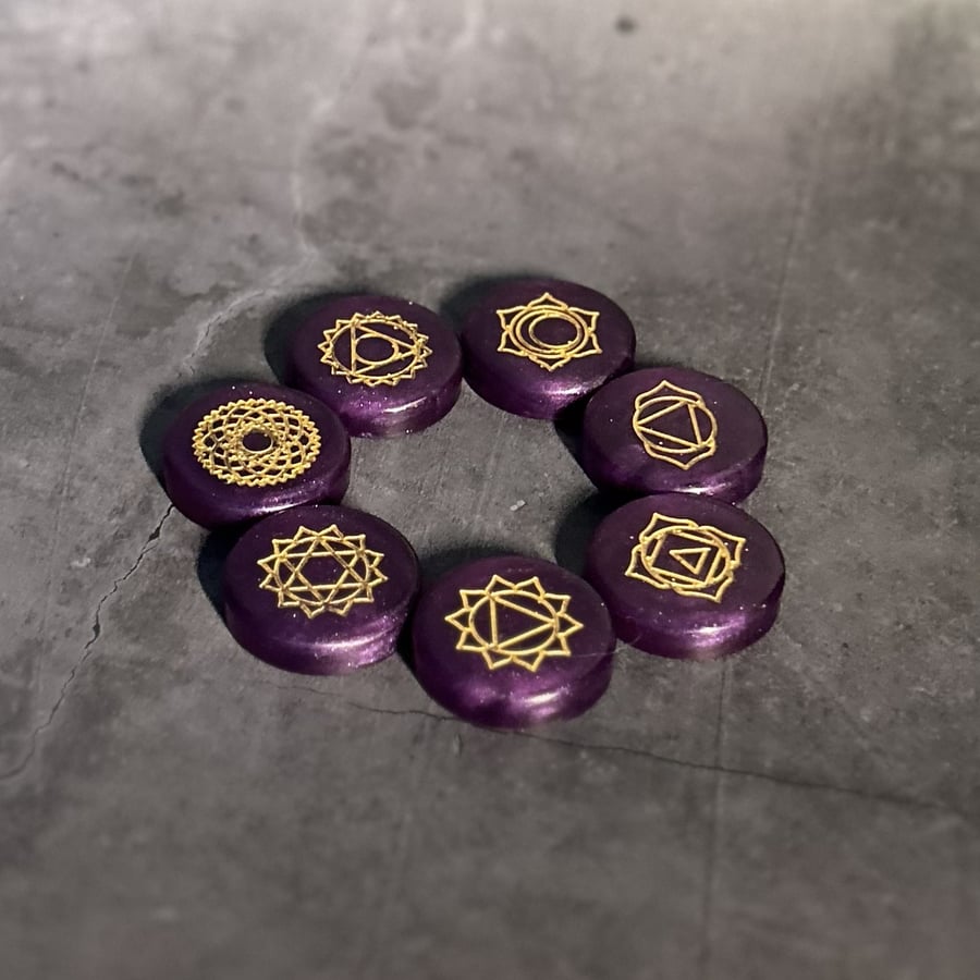 7 Stone Chakra Set in Regal Purple and Gold with Storage Box - Sacred Embers