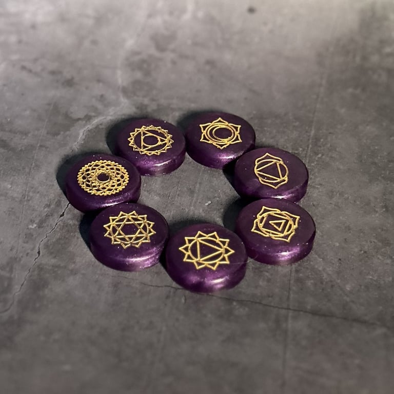 7 Stone Chakra Set in Regal Purple and Gold with Storage Box - Sacred Embers