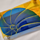 Blue and Yellow Abstract Ammonite Spiral - Original Fused Glass Wall Art Picture