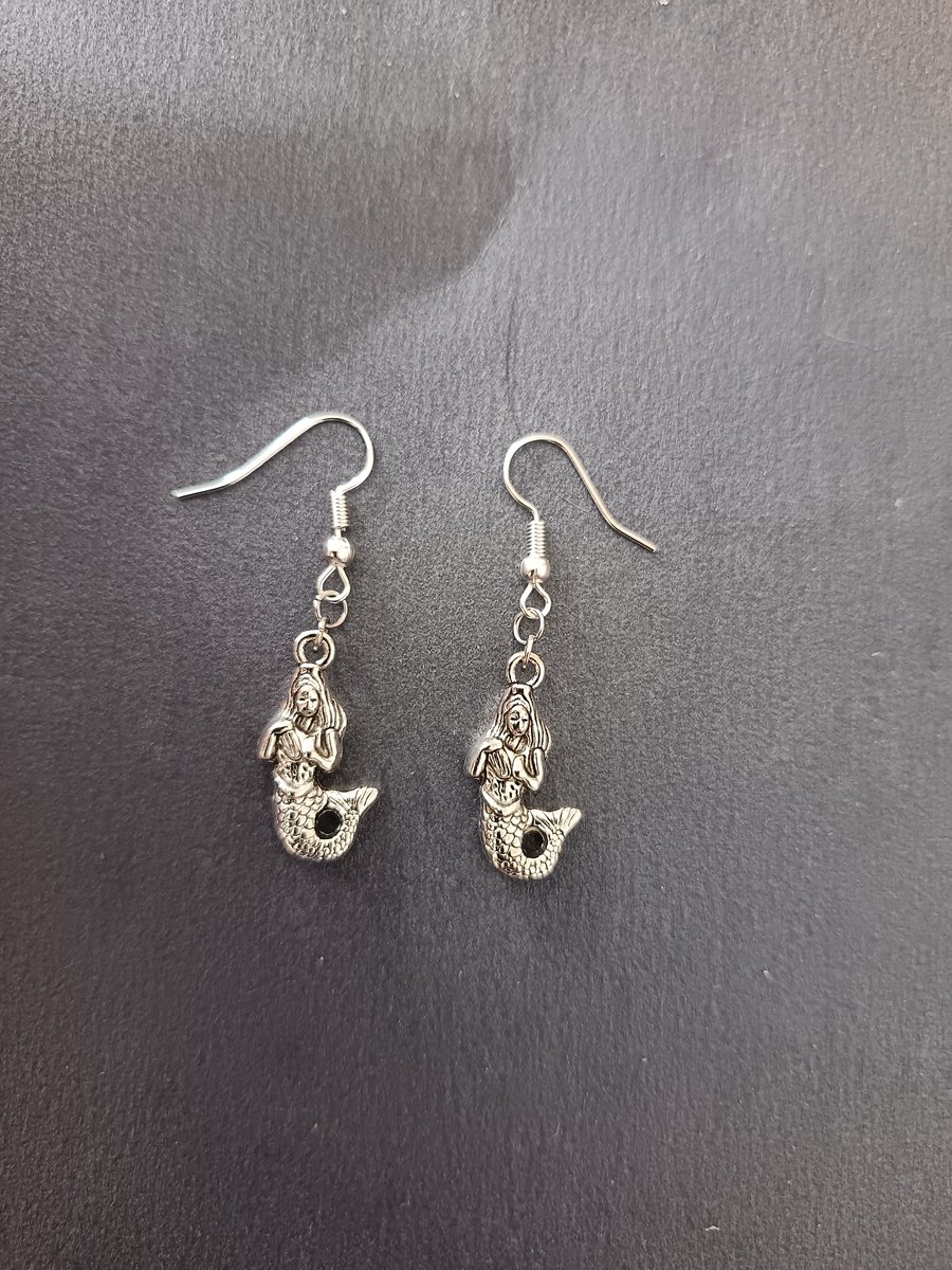 Silver mermaid charm dangle earrings 