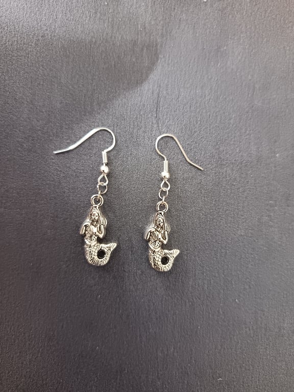 Silver mermaid charm dangle earrings 