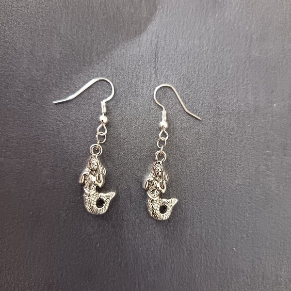 Silver mermaid charm dangle earrings 