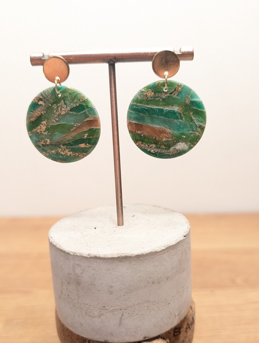 Green earthy agate polymer clay earrings- circle top