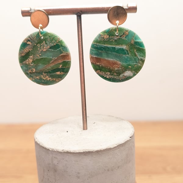 Green earthy agate polymer clay earrings- circle top
