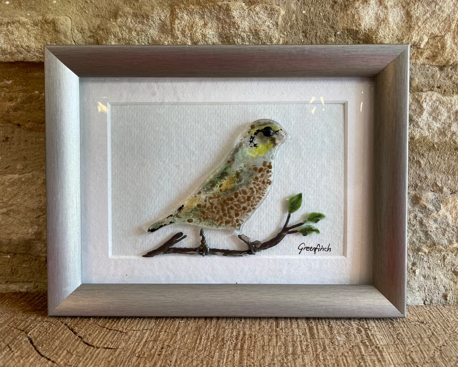 Framed fused glass greenfinch