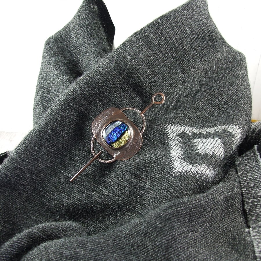 Shawl Pin Brooch. Copper with Blue Silver and Gold Dichroic Glass Cabachon