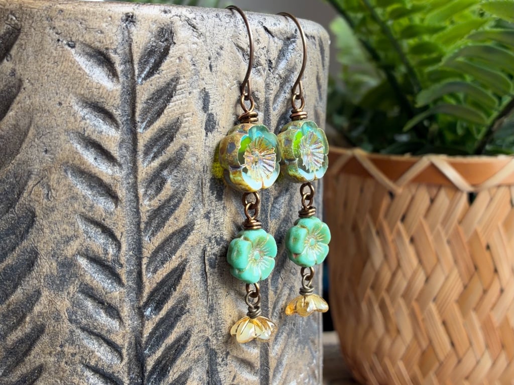 Rustic Green and Yellow Czech Glass Flower Earrings. Nature Inspired Jewellery