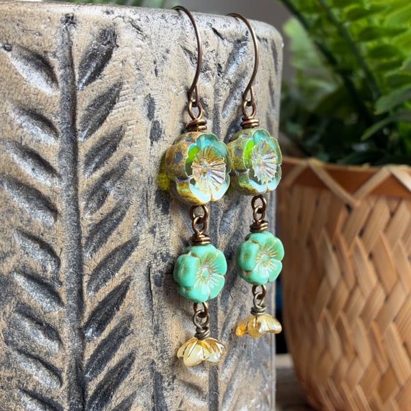 Rustic Green and Yellow Czech Glass Flower Earrings. Nature Inspired Jewellery